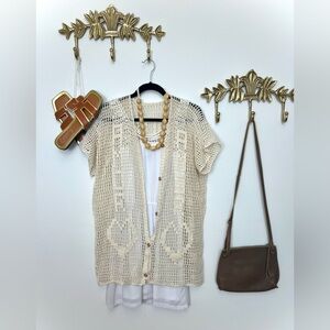 Cream Cotton Crochet Open-Front Cardigan XL ptp 24” l 29”